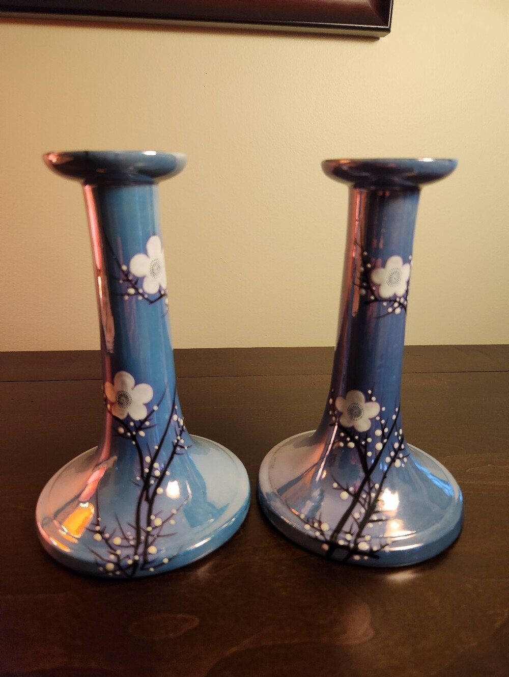 Vintage Japanese Blue Iridescent Blossom Candlesticks